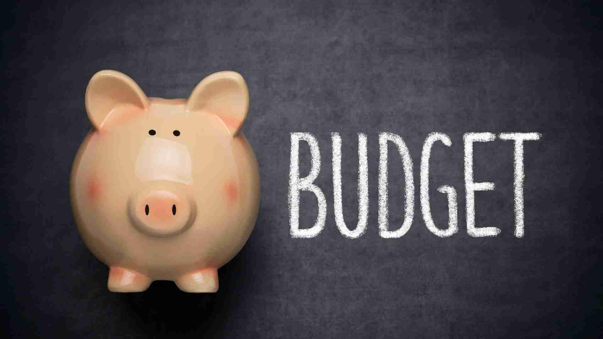 Ein Sparschwein neben dem Wort 'Budget', das auf einer dunklen Oberfläche geschrieben steht.