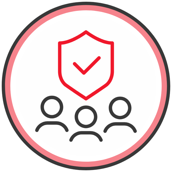 Grafik mit drei stilisierten Personen und einem Schutzschild mit Häkchen darüber.