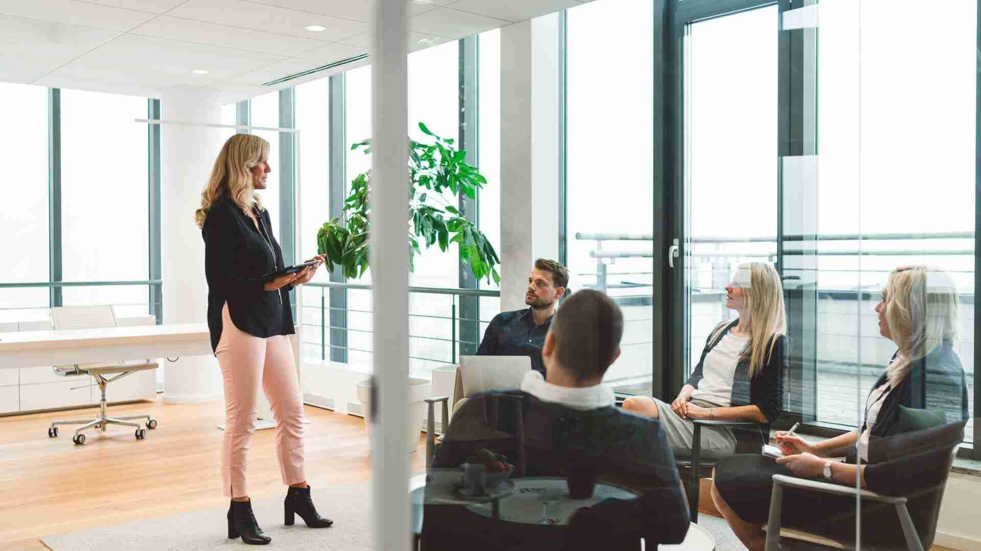 Eine Frau präsentiert in einem modernen Büro vor einer Gruppe von Personen während einer Besprechung.