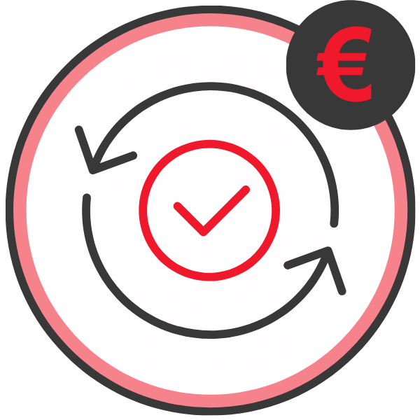 Grafische Darstellung eines Kreislaufs mit einem Häkchen und einem Euro-Symbol.