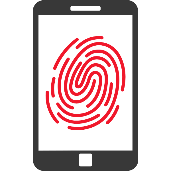 Schwarzes Smartphone mit rotem Fingerabdrucksymbol auf dem Bildschirm.