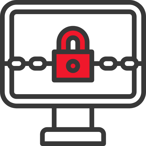 Grafik eines Computerbildschirms mit einem roten Schloss-Symbol, das Ransomware darstellt.