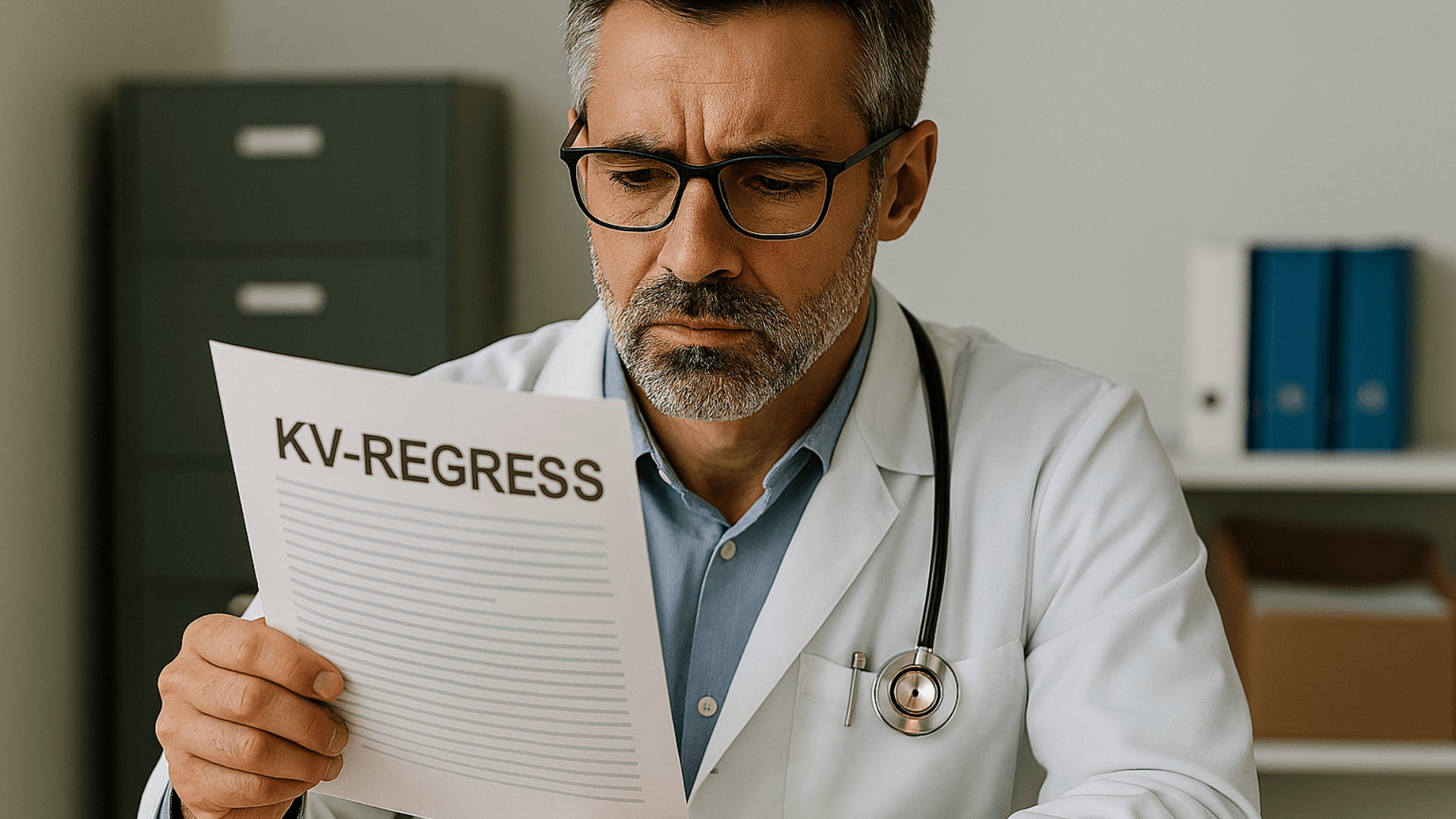 Ein Arzt mit Brille und Stethoskop betrachtet ein Dokument mit der Aufschrift 'KV-REGRESS'.